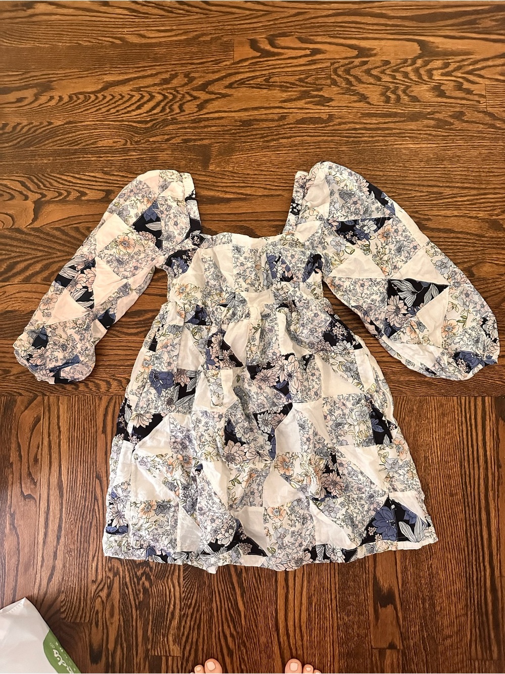 J. Crew Floral Patchwork Puff Sleeve Mini Dress - White & Navy/ touch of pink